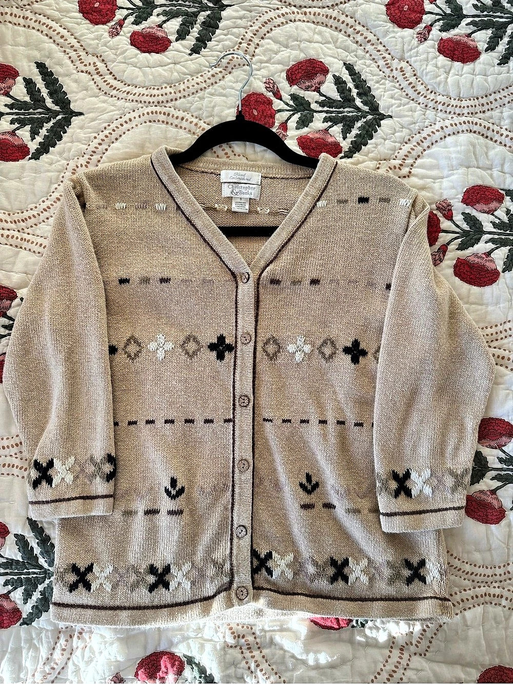 Christopher & Banks Geometric Hand Embroidered Knit Cardigan Beige Size Small